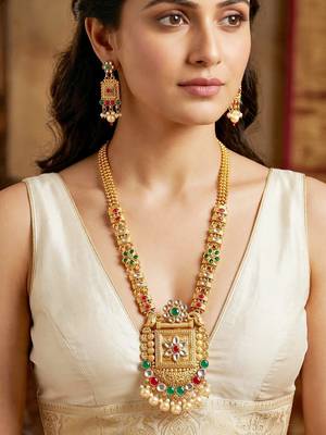 Lucky jewellery gold-plated ruby & green color long traditional necklace set 2
