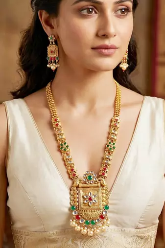Lucky jewellery gold-plated ruby & green color long traditional necklace set
