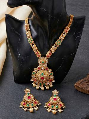 Lucky jewellery gold-plated ruby & green color long traditional necklace set 5