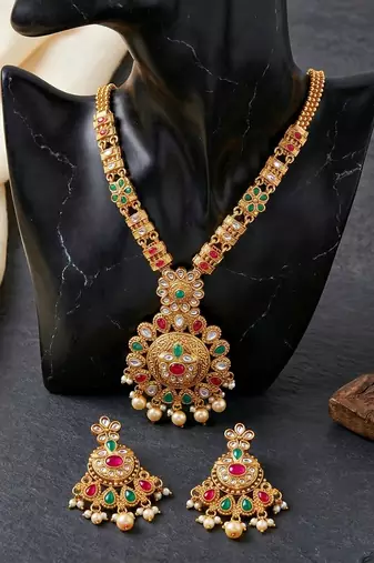 Lucky jewellery gold-plated ruby & green color long traditional necklace set