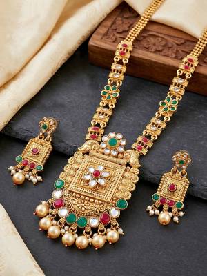 Lucky jewellery gold-plated ruby & green color long traditional necklace set 3