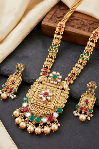 Lucky jewellery gold-plated ruby & green color long traditional necklace set