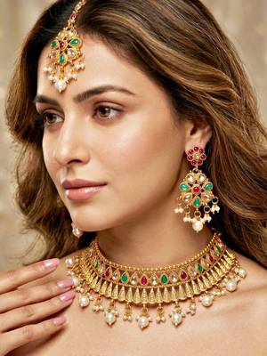 Lucky jewellery gold-plated ruby & green color choker set with maang tikka 1