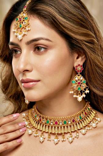 Lucky jewellery gold-plated ruby & green color choker set with maang tikka