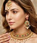Lucky jewellery gold-plated ruby & green color choker set with maang tikka