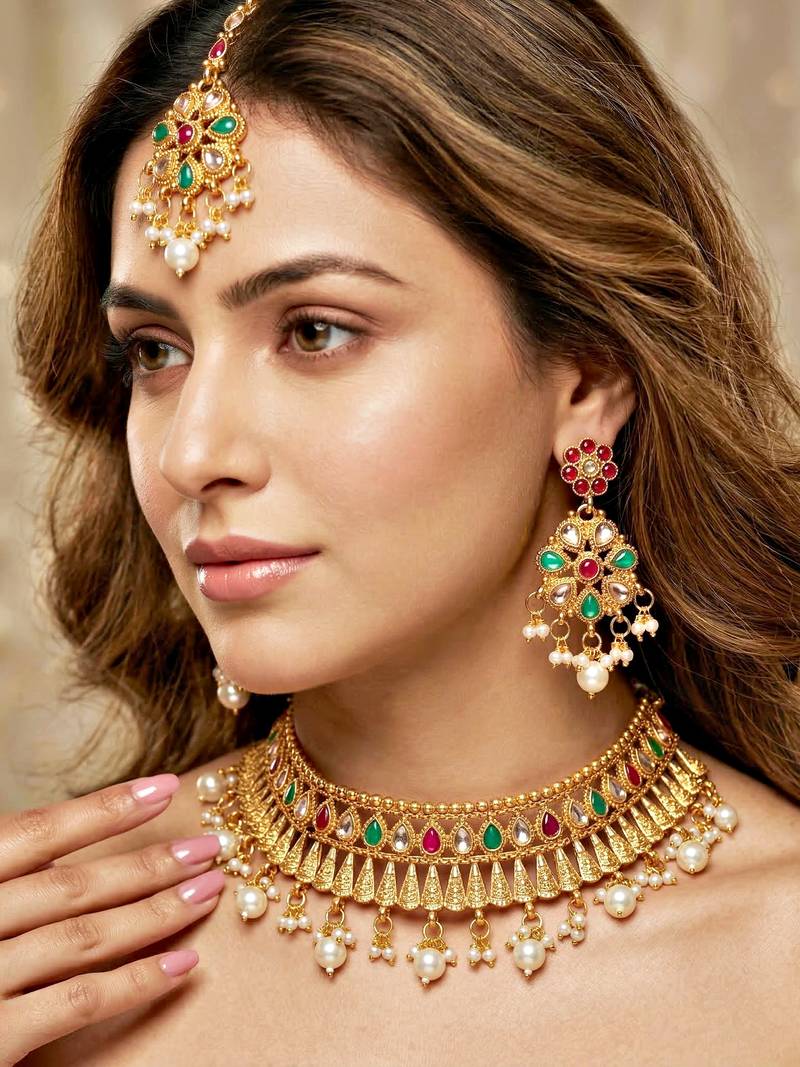Lucky jewellery gold-plated ruby & green color choker set with maang tikka