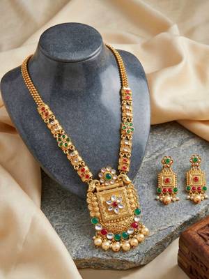 Lucky jewellery gold-plated ruby & green color long traditional necklace set 4