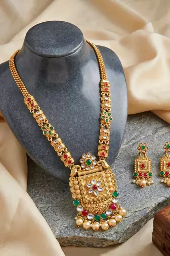Lucky jewellery gold-plated ruby & green color long traditional necklace set