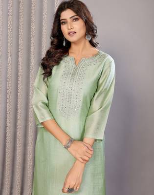 Women pista green plain chanderi kurta set 3