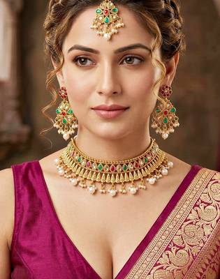 Lucky jewellery gold-plated ruby & green color choker set with maang tikka 2