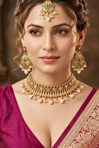 Lucky jewellery gold-plated ruby & green color choker set with maang tikka