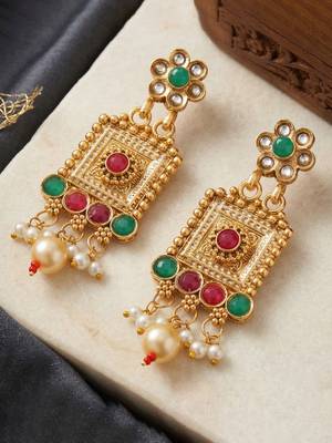Lucky jewellery gold-plated ruby & green color long traditional necklace set 5