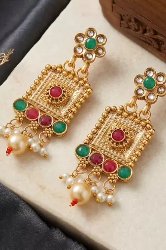 Lucky jewellery gold-plated ruby & green color long traditional necklace set