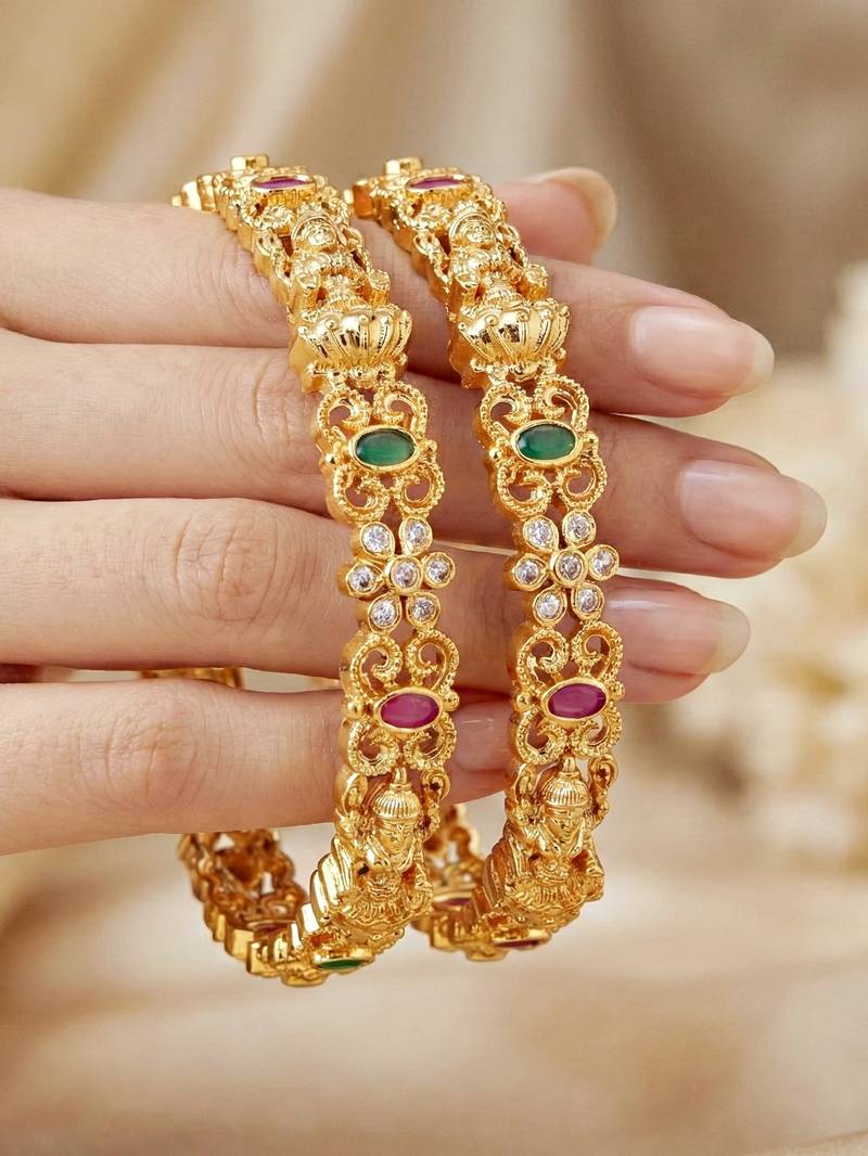 Gold laxmi idol ad pink green bangle