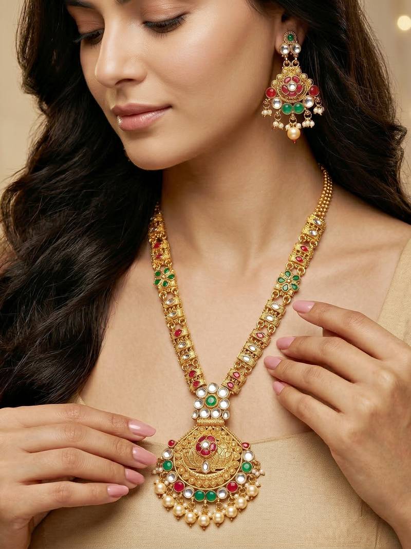 Lucky jewellery gold-plated ruby & green color traditional necklace set