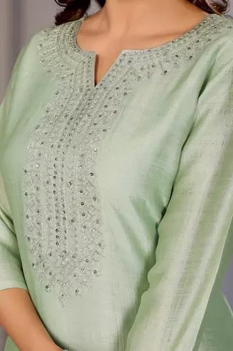 Women pista green plain chanderi kurta set