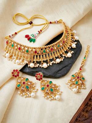 Lucky jewellery gold-plated ruby & green color choker set with maang tikka 3