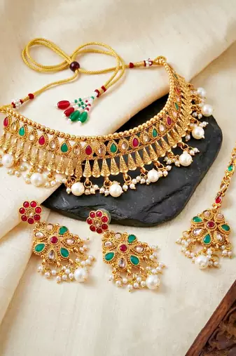 Lucky jewellery gold-plated ruby & green color choker set with maang tikka