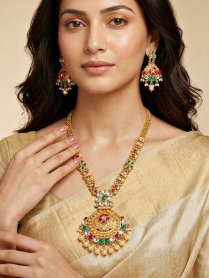Lucky jewellery gold-plated ruby & green color traditional necklace set 2