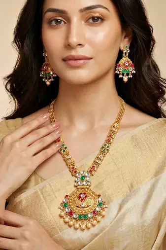 Lucky jewellery gold-plated ruby & green color traditional necklace set