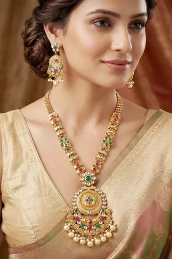 Lucky jewellery gold-plated ruby & green color traditional necklace set