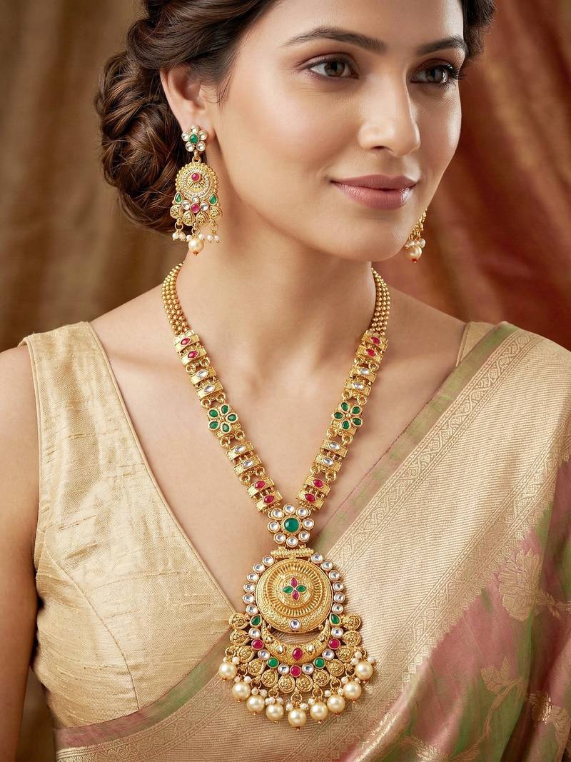 Lucky jewellery gold-plated ruby & green color traditional necklace set