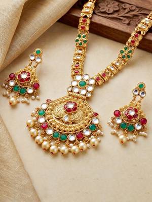 Lucky jewellery gold-plated ruby & green color traditional necklace set 3
