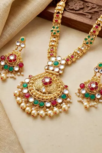 Lucky jewellery gold-plated ruby & green color traditional necklace set