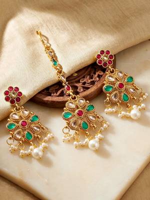 Lucky jewellery gold-plated ruby & green color choker set with maang tikka 4