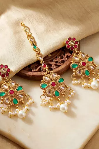 Lucky jewellery gold-plated ruby & green color choker set with maang tikka