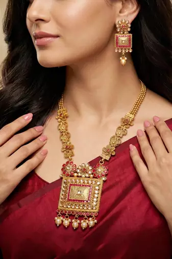 Lucky jewellery gold-plated ruby color traditional necklace set