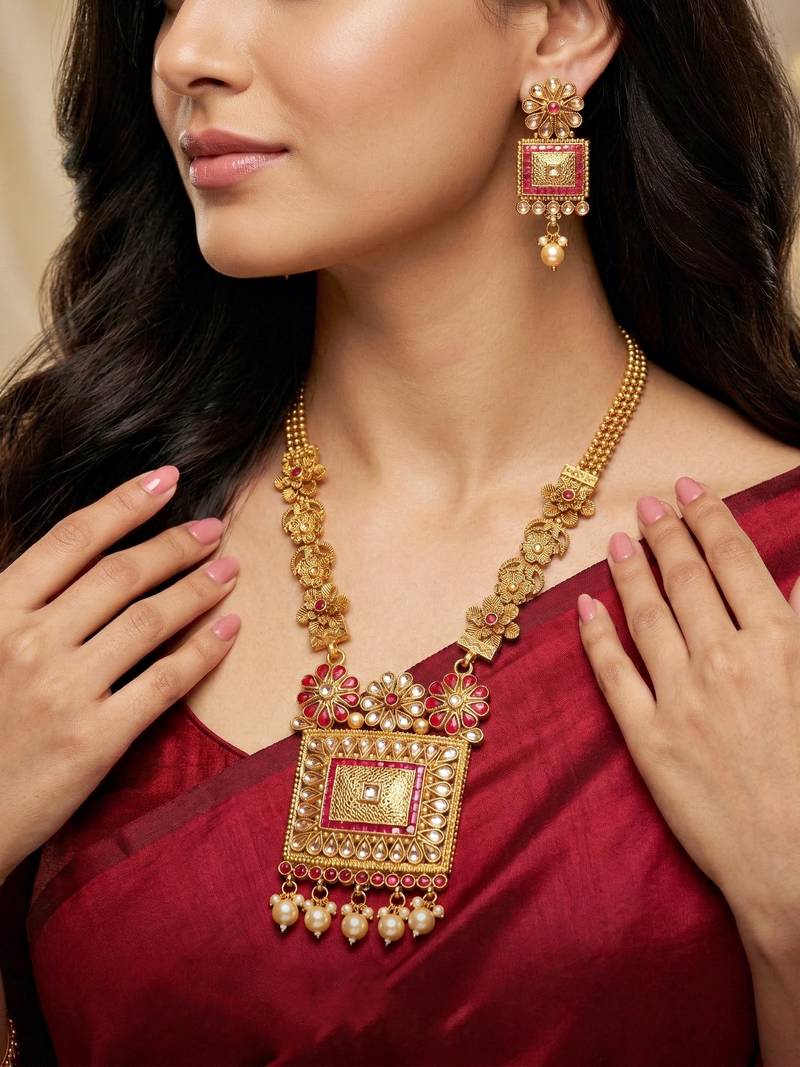 Lucky jewellery gold-plated ruby color traditional necklace set
