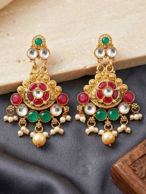 Lucky jewellery gold-plated ruby & green color traditional necklace set 4