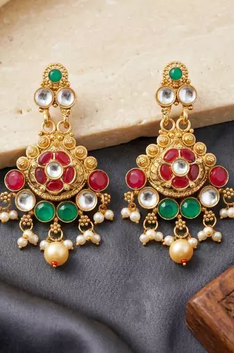 Lucky jewellery gold-plated ruby & green color traditional necklace set
