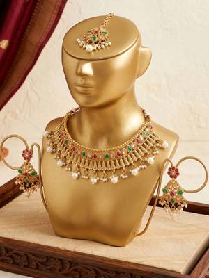 Lucky jewellery gold-plated ruby & green color choker set with maang tikka 5