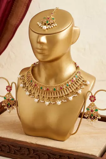 Lucky jewellery gold-plated ruby & green color choker set with maang tikka