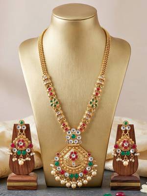 Lucky jewellery gold-plated ruby & green color traditional necklace set 5