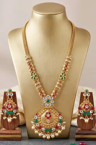 Lucky jewellery gold-plated ruby & green color traditional necklace set