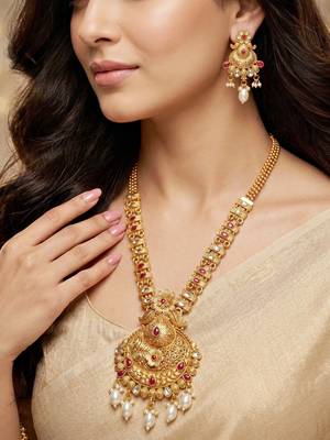 Lucky jewellery gold-plated ruby color long traditional necklace set 1