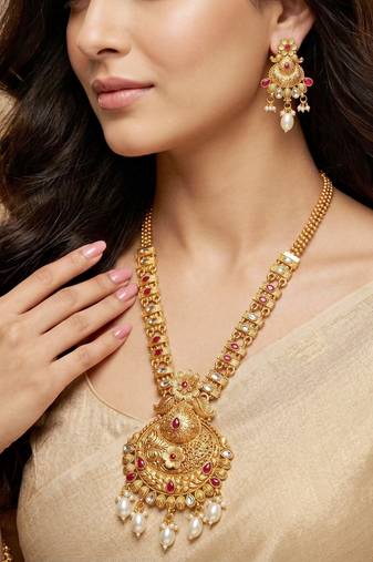 Lucky jewellery gold-plated ruby color long traditional necklace set