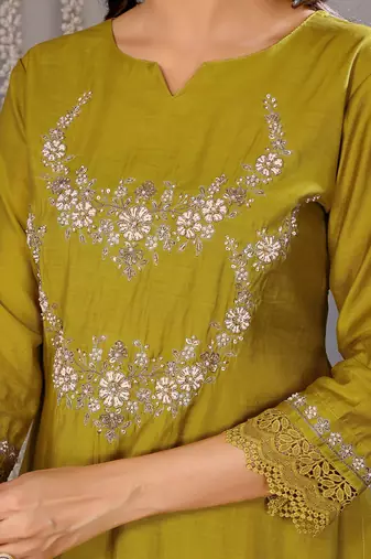 Women olive green floral roman kurta set
