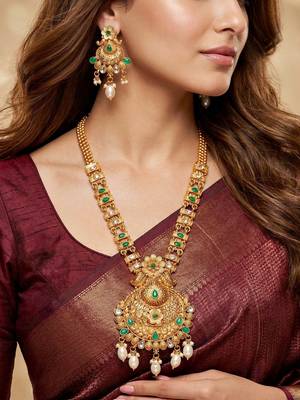 Lucky jewellery gold-plated green color long traditional necklace set 1