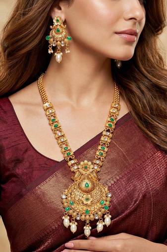 Lucky jewellery gold-plated green color long traditional necklace set