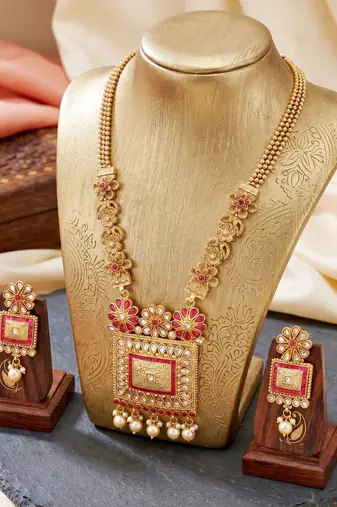 Lucky jewellery gold-plated ruby color traditional necklace set