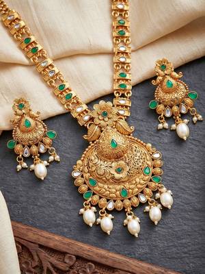 Lucky jewellery gold-plated green color long traditional necklace set 2
