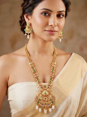 Lucky jewellery gold-plated green color long traditional necklace set 3