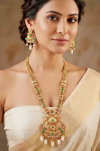 Lucky jewellery gold-plated green color long traditional necklace set