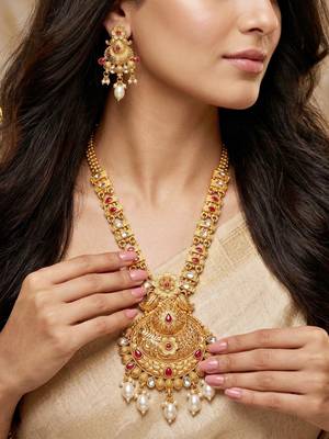 Lucky jewellery gold-plated ruby color long traditional necklace set 3