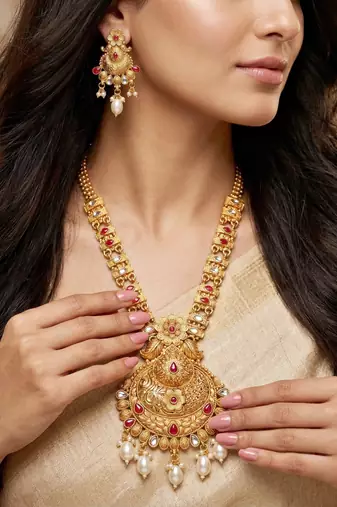 Lucky jewellery gold-plated ruby color long traditional necklace set