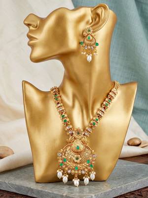 Lucky jewellery gold-plated green color long traditional necklace set 4